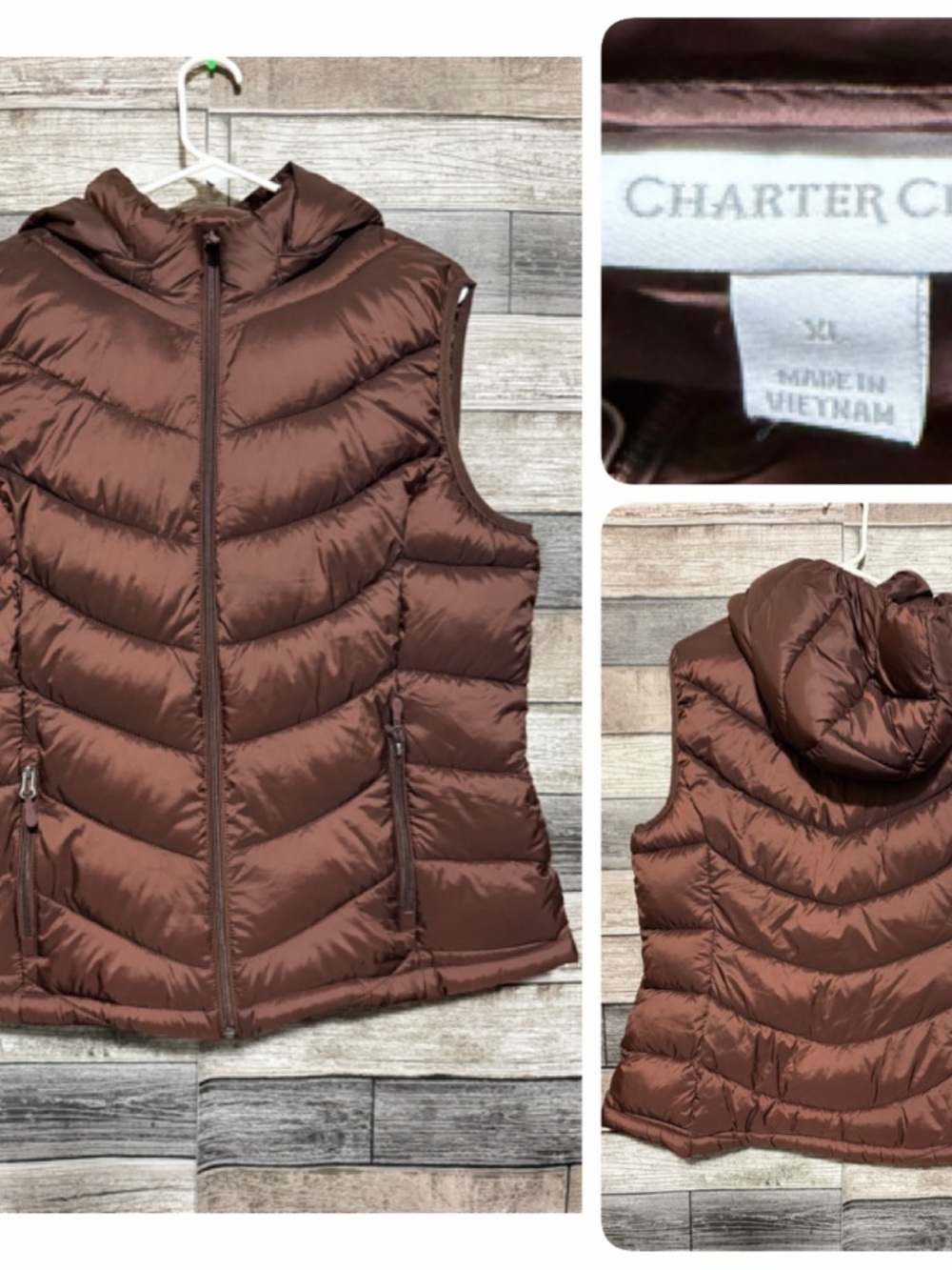 Charter Club Hooded Puffer Vest Women’s XL Brown Full Zip Quilted